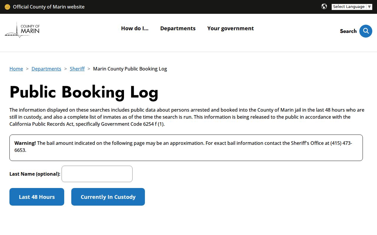 Novato people search through Marin County booking records