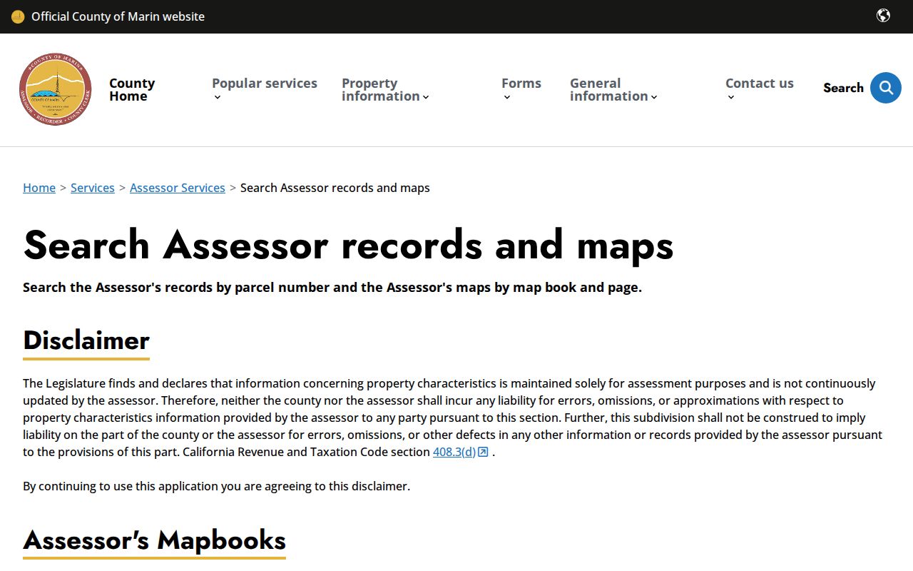 Novato public records entry page for Marin Assessor maps and tax roll search