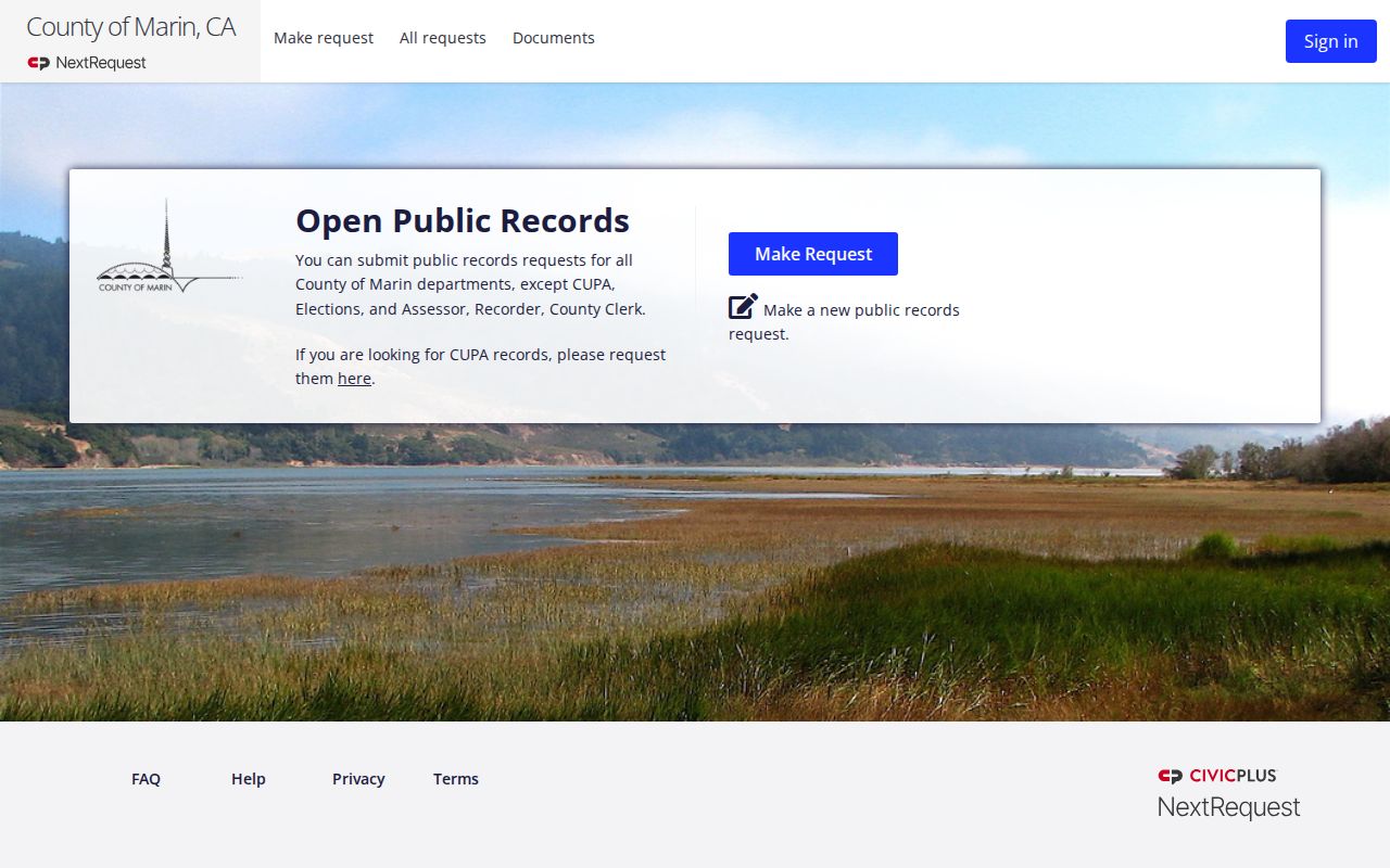 Novato public records request access through Marin County NextRequest