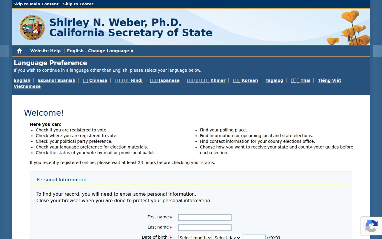 Novato voter registration records on California My Voter Status